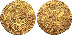 Great Britain, Plantagenet. Henry V AV Noble. Class C. London mint, 1413-1422. ҺЄꞂRIC’ ˣ DI’ ˣ GRΛ’ RЄX ΛꞂGL’ Z ˣ FRΛꞂC’ ˣ DꞂS ҺYB’, king standing fac...