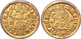 Hungary, Kingdom. Matthias I Corvinus AV Goldgulden. Nagybánya (Frauenbach/Baia Mare) mint, 1482-1489. MAThIAS • D • G • R • VNGARIЄ •, crowned Holy V...