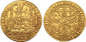 Low Countries, Vlaanderen (Flanders). Lodewijk II van Male AV Gehelmde gouden leeuw (lion d'or). Gand (Ghent) mint, 1346-1384. LVDOVICVS ⦂ DЄI ⦂ GRΛ ⦂...