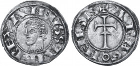 Spanish States, Aragon (Kingdom). Alfonso I el Batallador (the Battler) BI Dinero. Navarre mint, 1104-1134. ANFVS SAN REX, bare head to left / ✠ ARAGO...