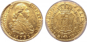 Spain, Kingdom. Carlos IV AV 1 Escudo. Madrid mint, 1793. • CAROL • IIII • D • G • HISP • ET IND • R •, draped bust to right, hair tied with ribbon; d...