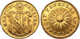 Switzerland, République et Canton de Genève AV Pistole. 1754. RESPUBL GENEVEN •, sunburst inscribed IHΣ above coat-of-arms / ❀ POST TENEBRAS LUX ❀, su...