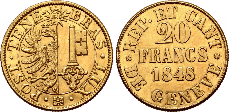 Switzerland, République et Canton de Genève AV 20 Francs. 1848. ✲ • POST • TENE~...