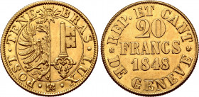 Switzerland, République et Canton de Genève AV 20 Francs. 1848. ✲ • POST • TENE~~BRAS LUX, coat-of-arms, sunburst inscribed IHS above / ˣ REP • ET CAN...