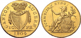 Switzerland, Kanton Luzern AV 10 Franken. 1804. CANTON LUCERN •, crowned coat-of-arms, denomination across fields; date in exergue / SCWEIZER • EYDG :...