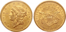 United States, "Liberty Head - Double Eagle" AV 20 Dollars. Philadelphia mint, 1852. Thirteen stars around head of Liberty to left wearing diadem insc...