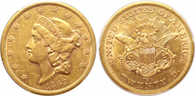 United States, "Liberty Head - Double Eagle" AV 20 Dollars. San Francisco mint, 1863. Thirteen stars around head of Liberty to left wearing diadem ins...