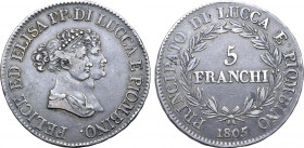 Italian States, Lucca e Piombino (Principality). Felice Baciocchi and Elisa Bonaparte AR 5 Franchi. Firenze (Florence) mint, 1805. FELICE ED ELISA PP ...