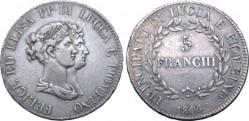 Italian States, Lucca e Piombino (Principality). Felice Baciocchi and Elisa Bonaparte AR 5 Franchi. Firenze (Florence) mint, 1806. FELICE ED ELISA PP ...