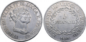 Italian States, Lucca e Piombino (Principality). Felice Baciocchi and Elisa Bonaparte AR 5 Franchi. Firenze (Florence) mint, 1807. FELICE ED ELISA PP ...