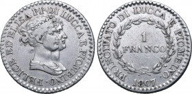Italian States, Lucca e Piombino (Principality). Felice Baciocchi and Elisa Bonaparte AR Franco. Firenze (Florence) mint, 1807. FELICE ED ELISA PP • D...