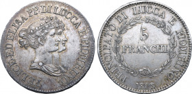 Italian States, Lucca e Piombino (Principality). Felice Baciocchi and Elisa Bonaparte AR 5 Franchi. Firenze (Florence) mint, 1808. FELICE ED ELISA PP ...