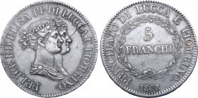 Italian States, Lucca e Piombino (Principality). Felice Baciocchi and Elisa Bonaparte AR 5 Franchi. Firenze (Florence) mint, 1808. FELICE ED ELISA PP ...