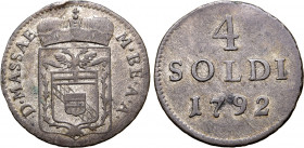 Italian States, Massa di Lunigiana (Duchy). Maria Beatrice d'Este Cybo Malaspina BI 4 Soldi. Milano (Milan) mint, 1792. M • BE • A • A • D • MASSAE, c...