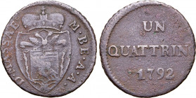 Italian States, Massa di Lunigiana (Duchy). Maria Beatrice d'Este Cybo Malaspina CU Quattrino. Milano (Milan) mint, 1792. M • BE • A • A • D • MASSAE,...