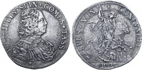 Italian States, Tassarolo (County). Filippo Spinola AR Scudo. 1639. PHILIPPVS ❀ SPIN ❀ COMES ❀ TASS, draped and cuirassed bust to right / SPES ❀ NON ❀...