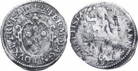 Italian States, Toscana (Tuscany, Grand Duchy). Ferdinando I de' Medici AR 1/2 Giulio. Firenze (Florence) mint, 1599. FER • M • MAGN ✶ DVX • ETRVR III...
