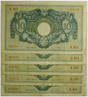Somalia Italiana, 10 Somali 1950, firma Cincimino-Inserra (4 biglietti), Spinelli-Giannini (1 biglietto), lotto di 5 biglietti MB-BB