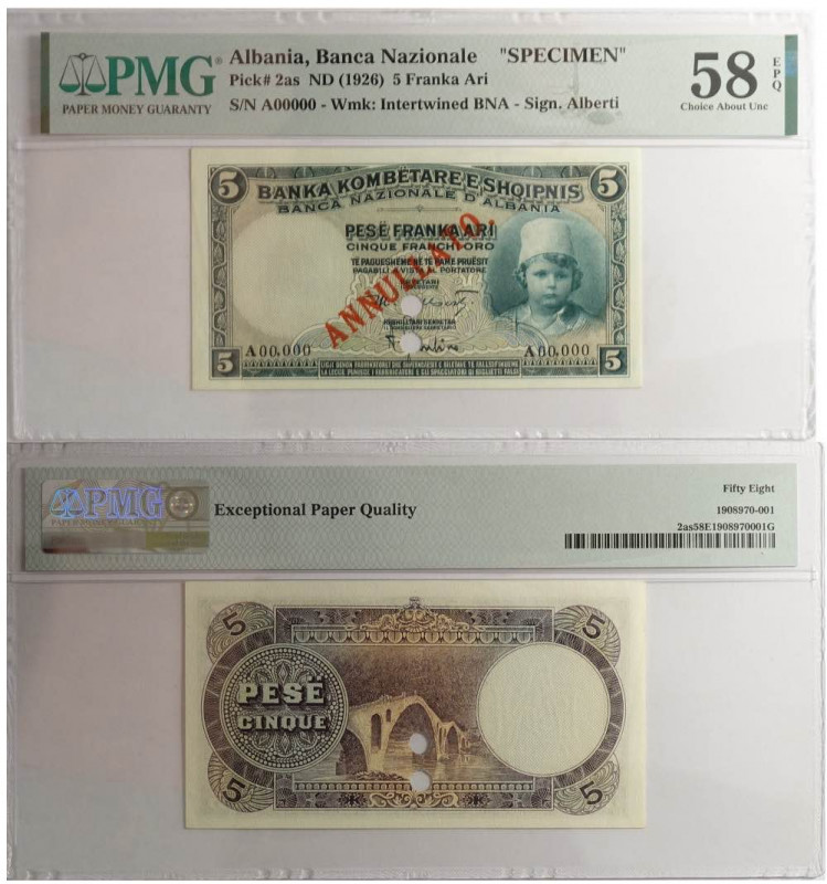 Albania, Banca Nazionale, 5 Franka Ari (1926) Specimen, in Slab PMG 58EPQ
