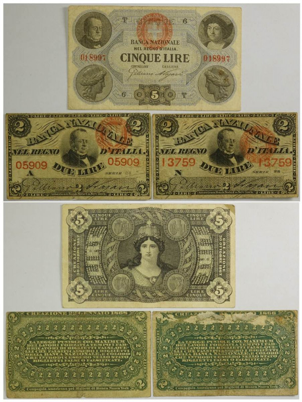 Banca Nazionale nel Regno d'Italia, 5 Lire 1867 (BB), 2 Lire 1868 (BB), 2 Lire 1...