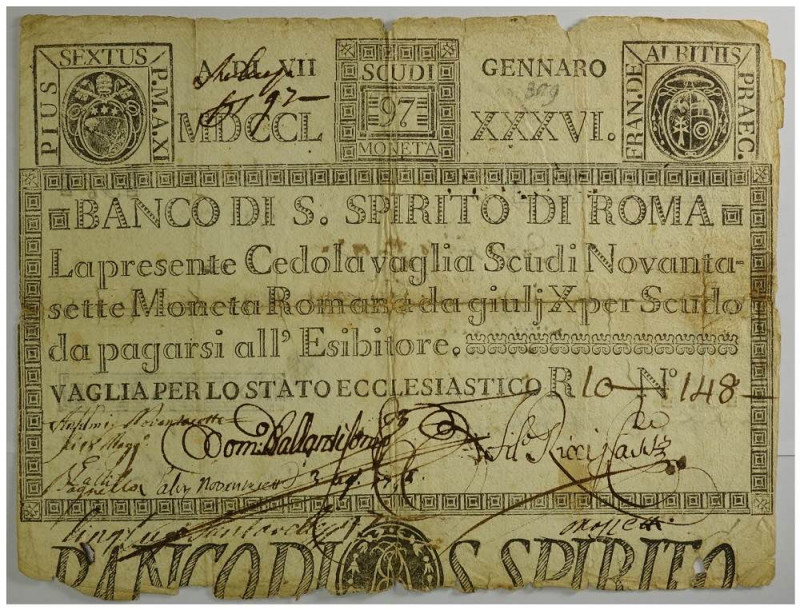 Pio VI, Banco di Santo Spirito di Roma (Papal States), 97 Scudi 1786, SP-95A PS-...