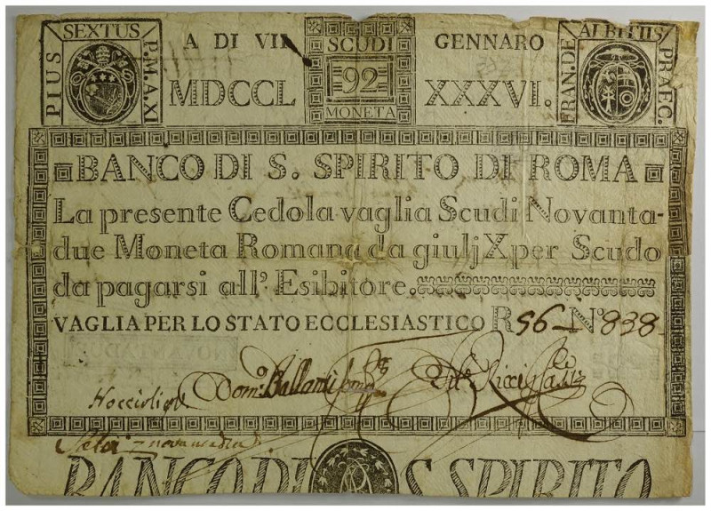 Pio VI, Banco di Santo Spirito di Roma (Papal States), 92 Scudi 1786, SP-90A PS-...