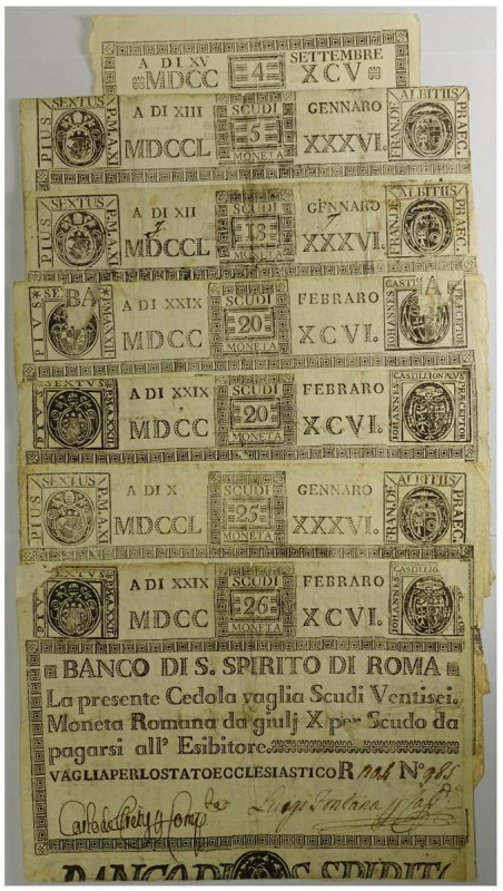 Pio VI, Banco di Santo Spirito di Roma (Papal States), tagli da 4, 5, 13, 20, 20...