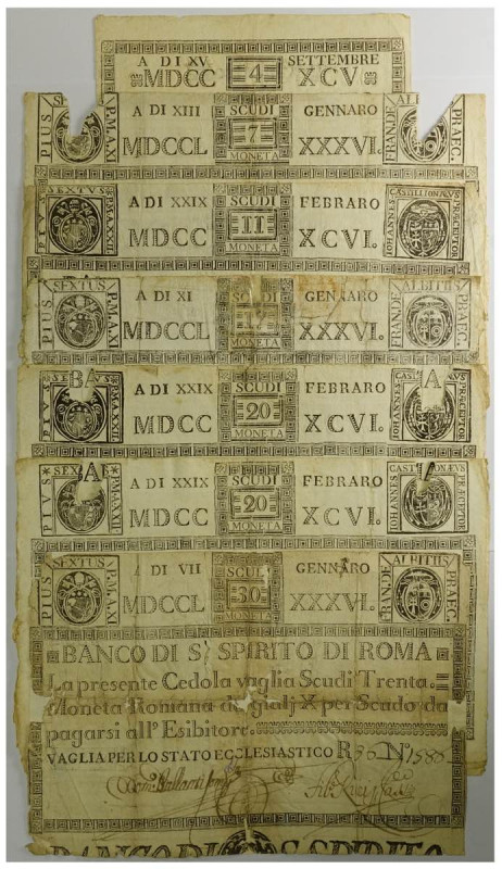 Pio VI, Banco di Santo Spirito di Roma (Papal States), tagli da 4, 7, 11, 17, 20...