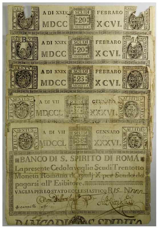 Pio VI, Banco di Santo Spirito di Roma (Papal States), tagli da 20, 20, 23, 37, ...