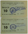 Chiavari (GE), Campo Concentramento P.G.52 prigionieri della II Guerra Mondiale, buono da Lire 10, lotto di 2 biglietti BB-SPL