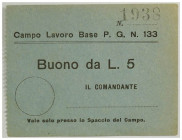 Novara, Campo Concentramento P.G.133 prigionieri della II Guerra Mondiale, buono da Lire 5, SUP-FDS