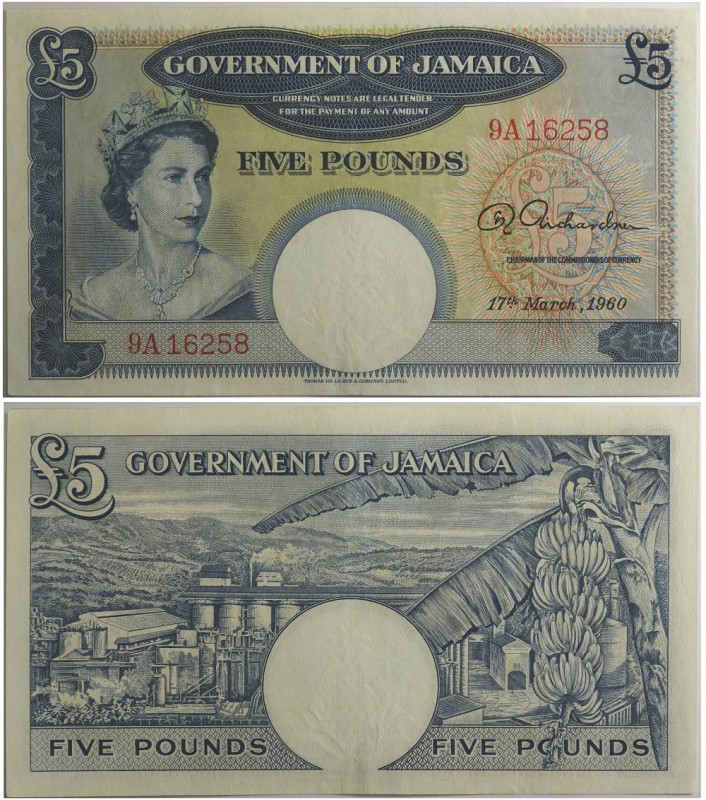 Jamaica, 5 Pounds 17/03/1960, prefisso 9A, firma Richardson, P-48a, lieve pulitu...