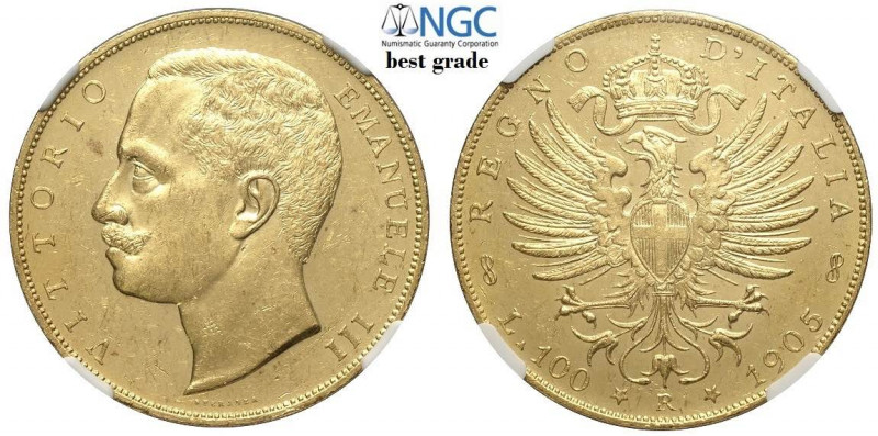 100 Lire 1905, RR Au mm 35, ottimo esemplare dai fondi speculari, in slab NGC MS...