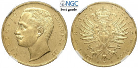 100 Lire 1905, RR Au mm 35, ottimo esemplare dai fondi speculari, in slab NGC MS62 PL (Best Grade of NGC in Prooflike)