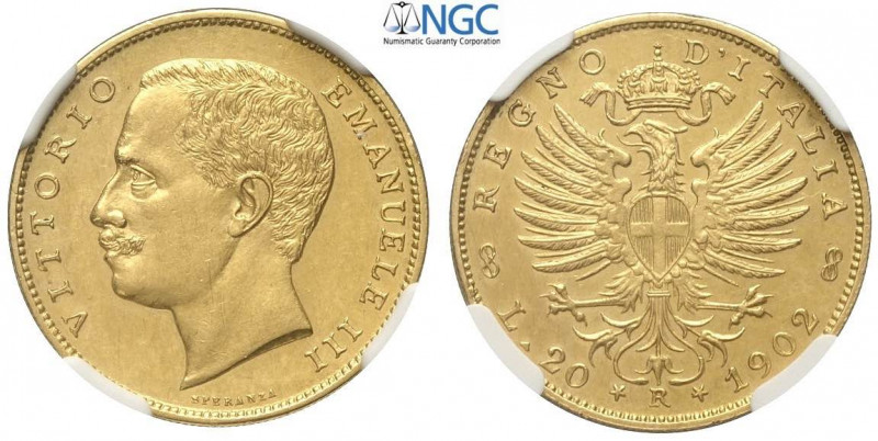 20 Lire 1902 senza ancoretta, RRRR Au mm 21 in slab NGC MS61
