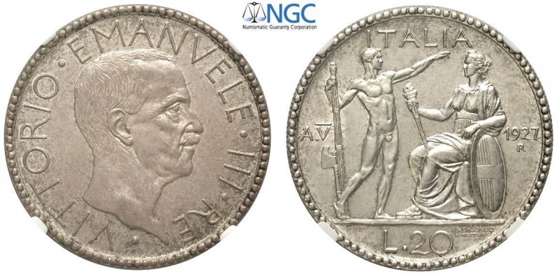 20 Lire 1927 anno V, RRR Ag mm 35,5 in slab NGC MS63