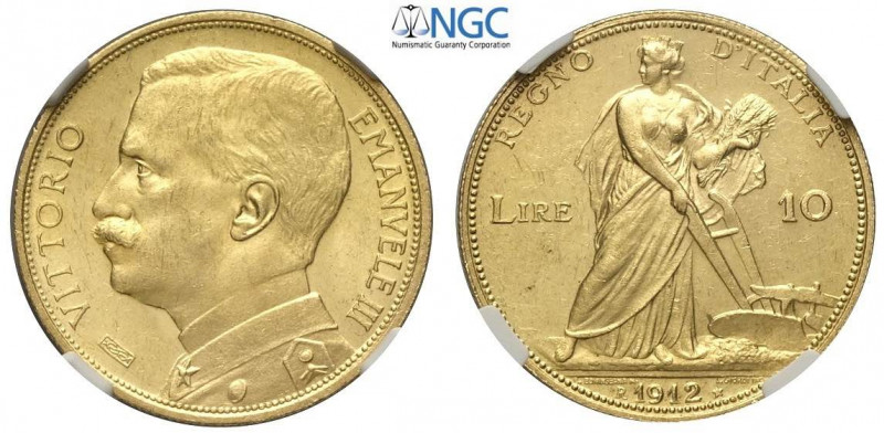 10 Lire 1912, RRR Au mm 19 ottimo esemplare, in slab NGC MS63