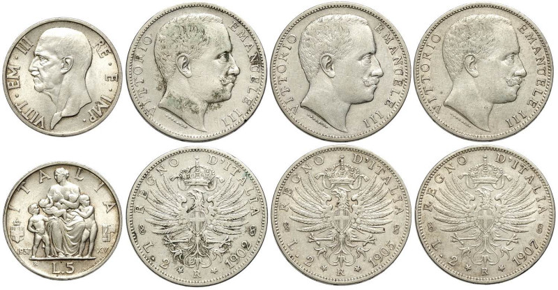 Serie 5 Lire 1926-1937 (7 pezzi il 1937 è q.FDC), 2 Lire 1902 (MB-BB), 2 Lire 19...
