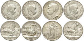 2 Lire 1908 (BB), 1910 (BB), 1911 Cinquantenario (SPL), 1912 (BB-SPL), lotto di 4 monete da 2 Lire