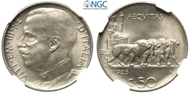 50 Centesimi 1925 C/ rigato, Ni mm 23,8 conservazione eccezionale, in Slab NGC M...