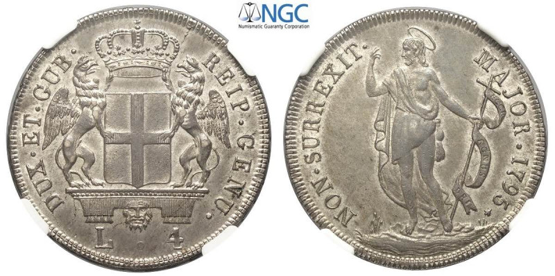 Genova, Repubblica, 4 Lire 1795, Rara Ag mm 35 in Slab NGC MS62