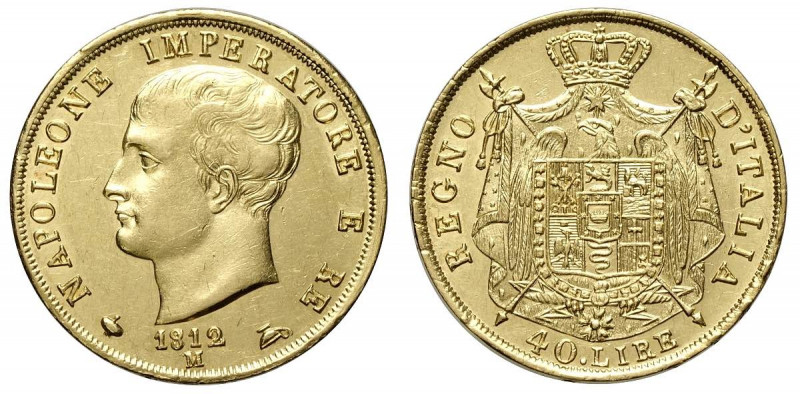 Milano, Napoleone I Re d'Italia, 40 Lire 1812 puntali sagomati, Au mm 26 conserv...