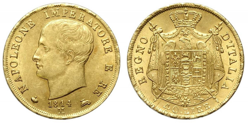 Milano, Napoleone I Re d'Italia, 40 Lire 1814 puntali sagomati, Au mm 26 conserv...