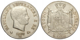 Milano, Napoleone I Re d'Italia, 5 Lire 1808 del primo tipo, C/ in rilievo, varietà Gig-97a, RR Ag mm 37 di buona qualità per la tipologia con un bel ...