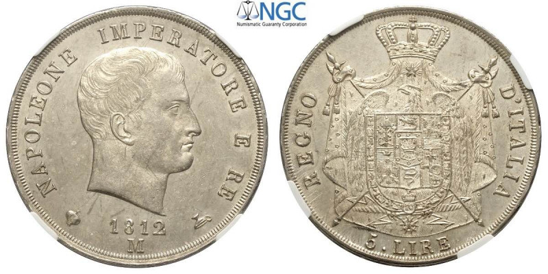Milano, Napoleone I Re d'Italia, 5 Lire 1812 puntali sagomati, Ag mm 37 ottima c...