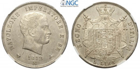 Milano, Napoleone I Re d'Italia, 5 Lire 1812 puntali sagomati, Ag mm 37 ottima conservazione, in Slab NGC MS62 (secondo Best Grade of NGC)