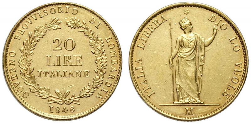 Milano, Governo Provvissorio, 20 Lire 1848, RR Au mm 21 SPL