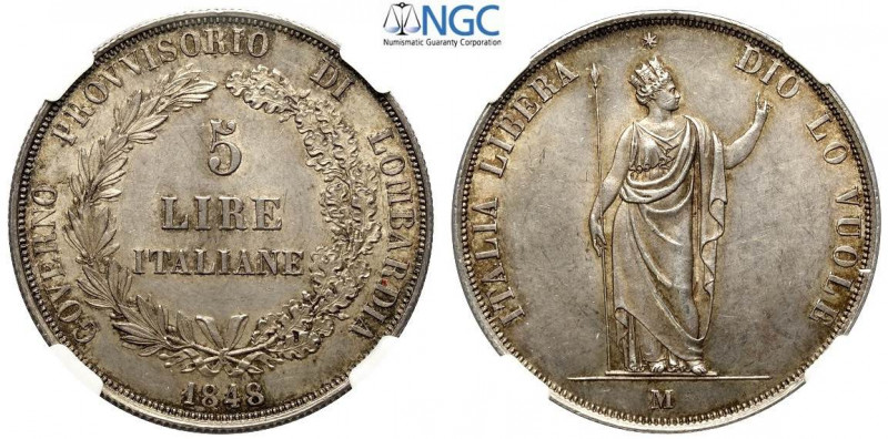 Milano, Governo Provvisorio, 5 Lire 1848, Ag mm 37, magnifico esemplare per cons...