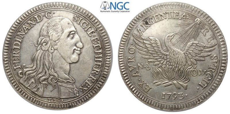 Palermo, Ferdinando III di Borbone, 30 Tarì 1793, Gig-4 Ag mm 47 in Slab NGC AU5...