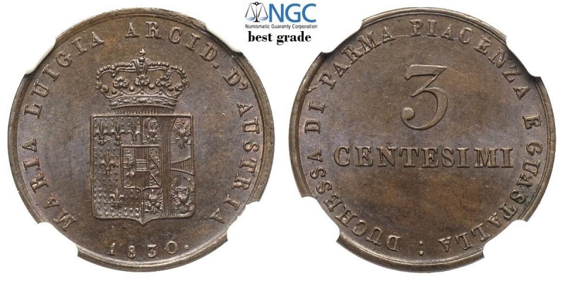 Parma, Maria Luigia d'Austria, 3 Centesimi 1830, Cu mm 23 in Slab NGC MS64 BN (B...